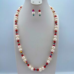 Sterling Silver Hand-knotted Freshwater Pearl & Swarovski Crystal Necklace Set